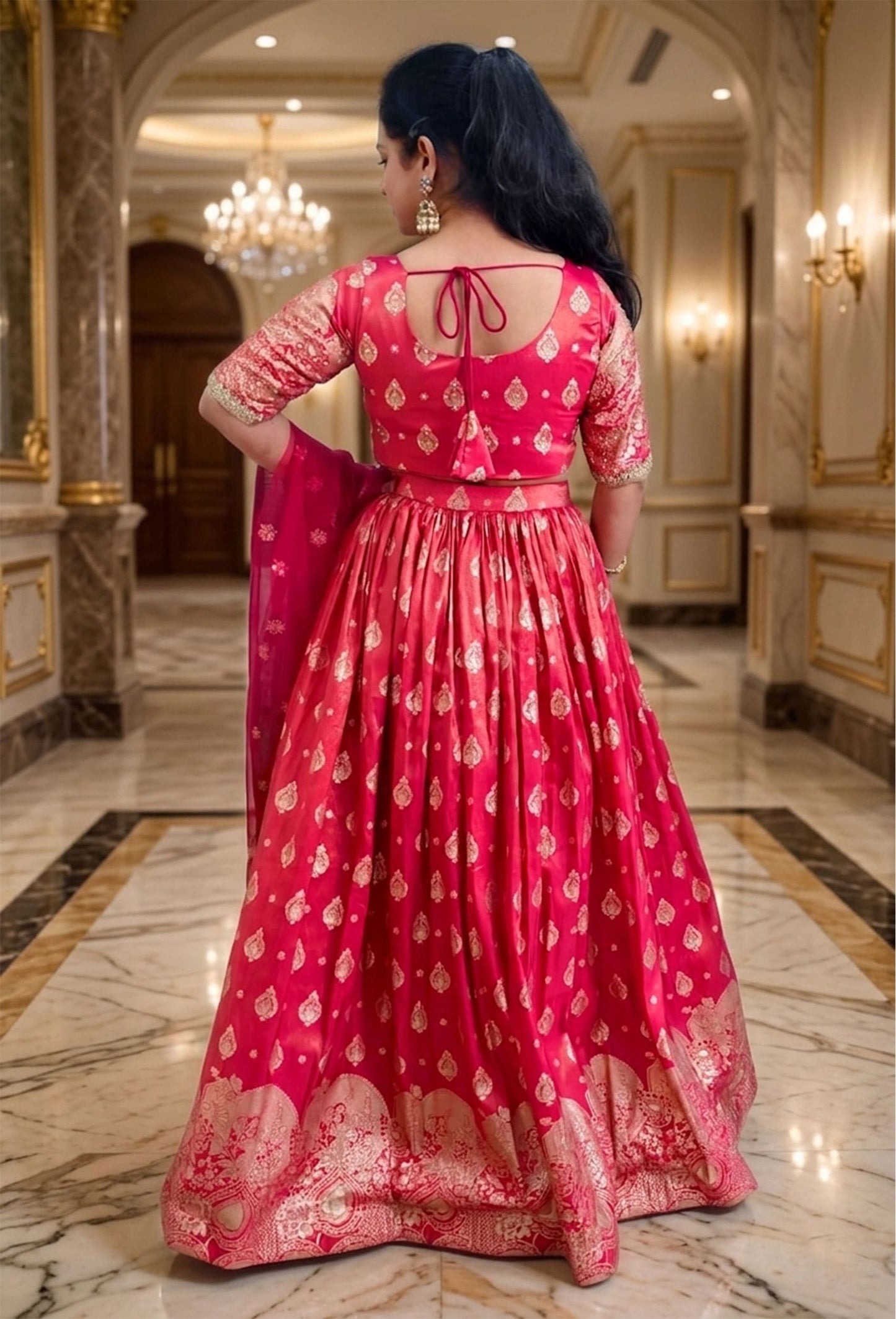 Pure Banarasi Lehenga Set with Half Sleeve Blouse & Net Dupatta