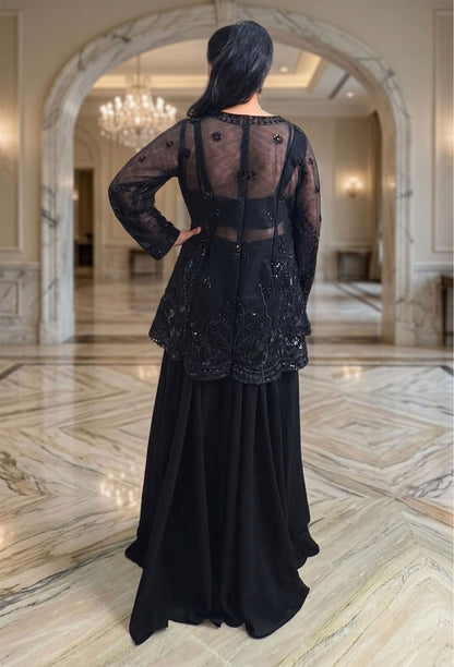 Partywear Embellished Tail Cut Top Cord Set with Palazzo & Bustier