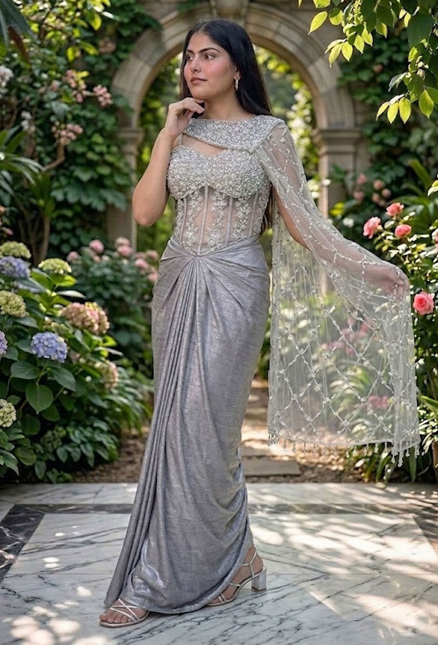 Spaghetti Indo-Western Style Corset Dress with Tulip Skirt & Embellished Cape