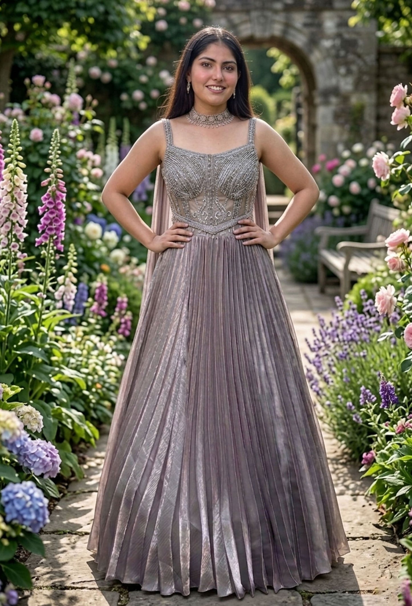 Corset Style Hand Embellished Blouse with Pleated Lehenga & Choker Neckline Dupatta