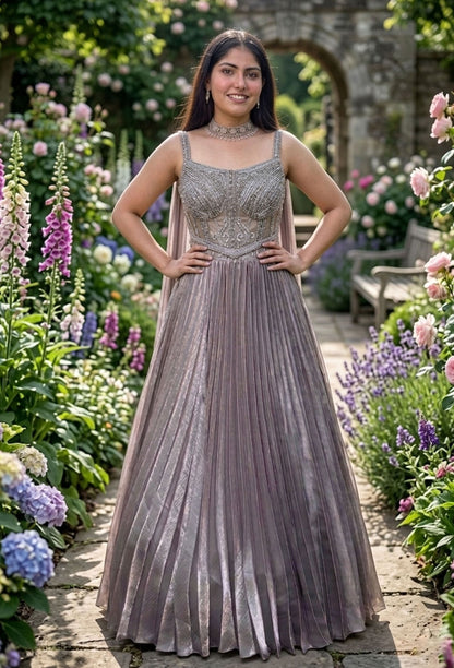 Corset Style Hand Embellished Blouse with Pleated Lehenga & Choker Neckline Dupatta