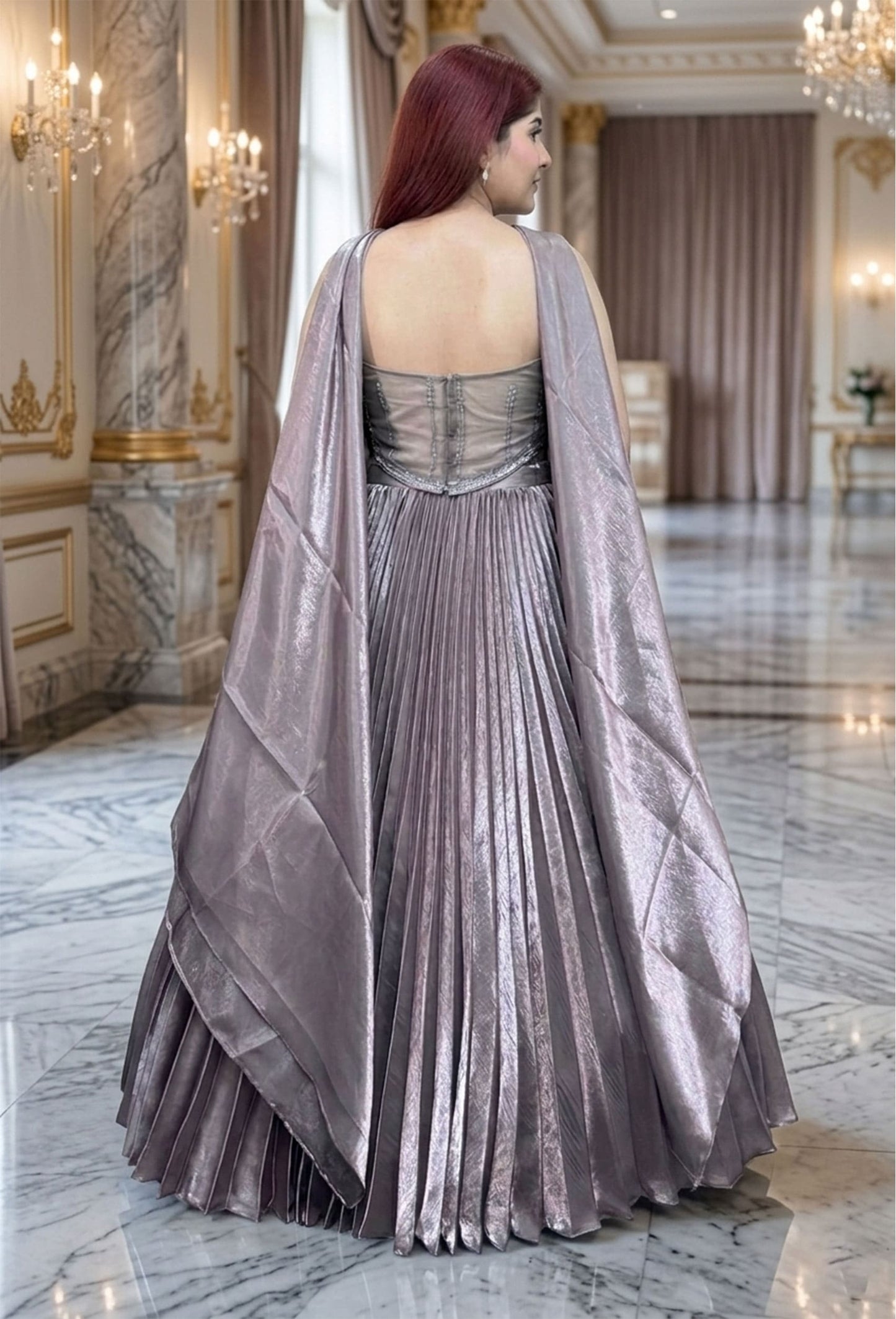 Corset Style Hand Embellished Blouse with Pleated Lehenga & Choker Neckline Dupatta