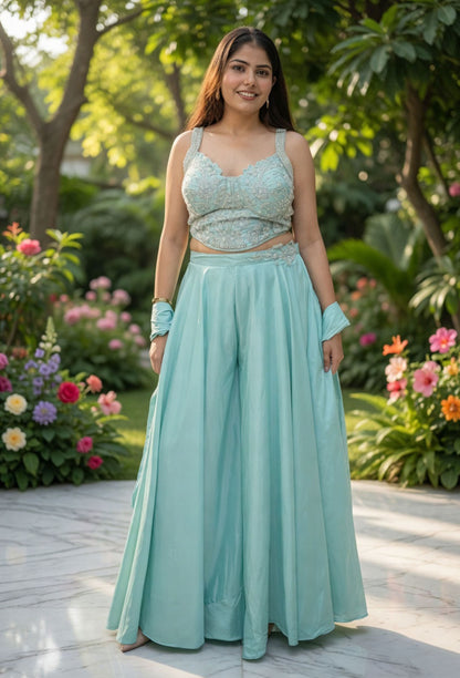 Elegant Hand Embellished Corset Style Crop Top Sharara Set with Choker Dupatta