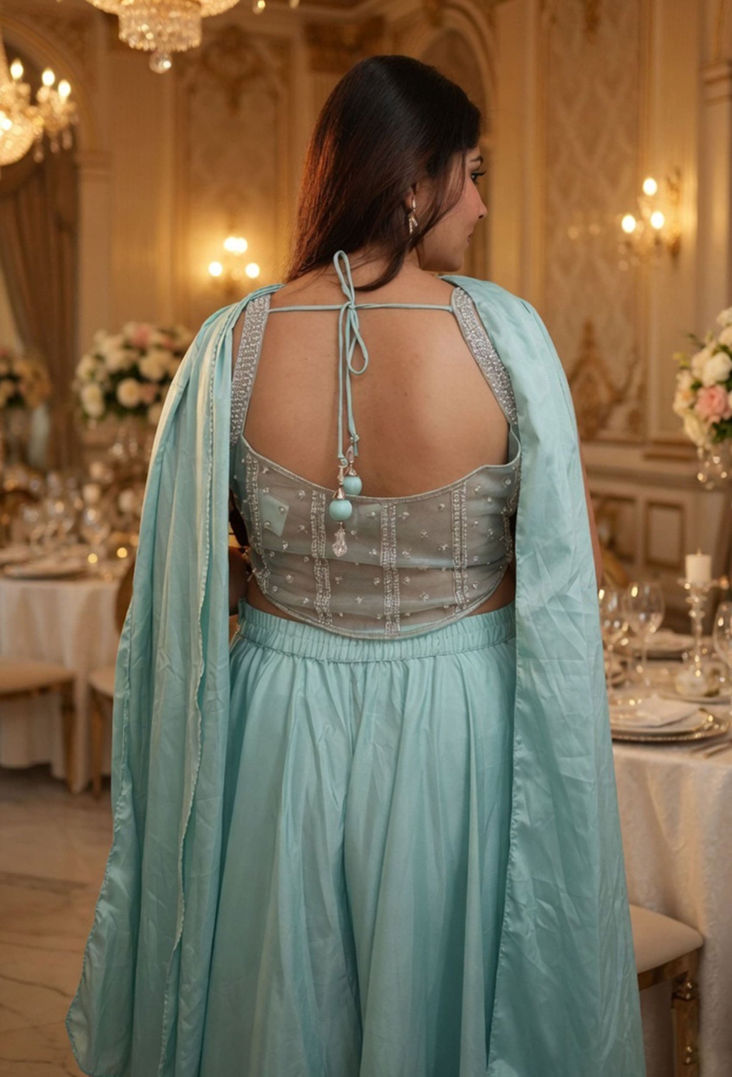 Elegant Hand Embellished Corset Style Crop Top Sharara Set with Choker Dupatta