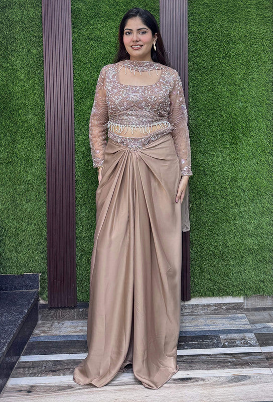 Designer Full Sleeve Crop Top with Satin Tulip Skirt & Choker Dupatta