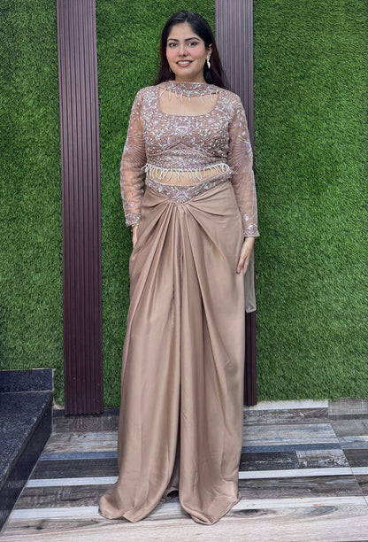 Designer Full Sleeve Crop Top with Satin Tulip Skirt & Choker Dupatta