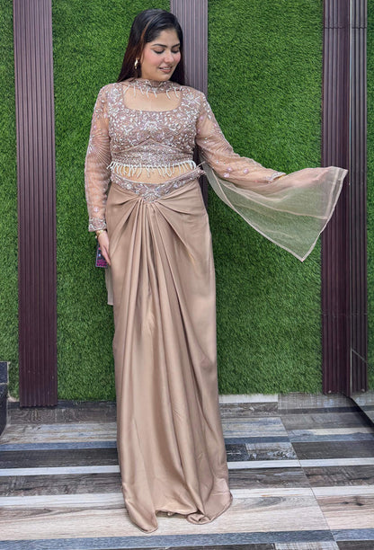 Designer Full Sleeve Crop Top with Satin Tulip Skirt & Choker Dupatta