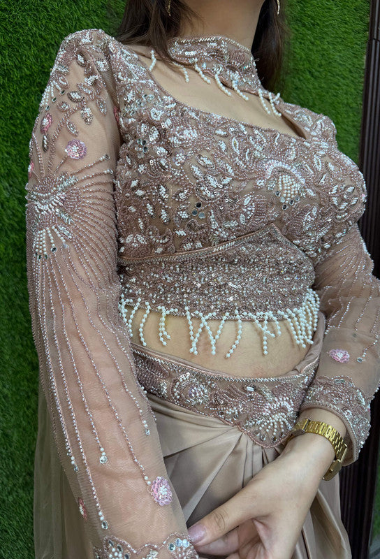 Designer Full Sleeve Crop Top with Satin Tulip Skirt & Choker Dupatta