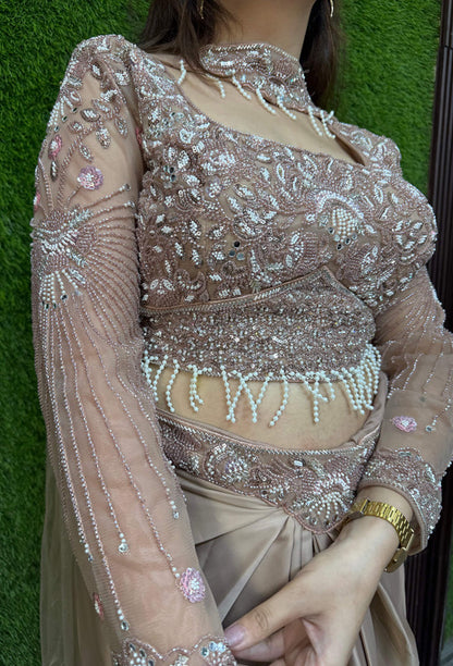 Designer Full Sleeve Crop Top with Satin Tulip Skirt & Choker Dupatta