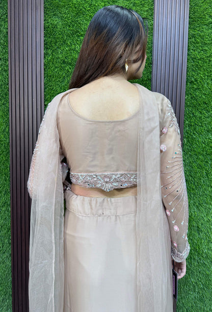 Designer Full Sleeve Crop Top with Satin Tulip Skirt & Choker Dupatta