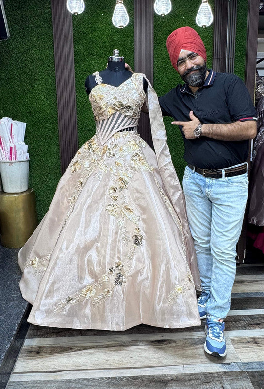 Barbie Style Golden Crop Top Skirt with Floral Appliqué Embroidery