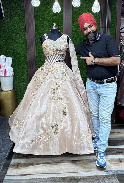 Barbie Style Golden Crop Top Skirt with Floral Appliqué Embroidery