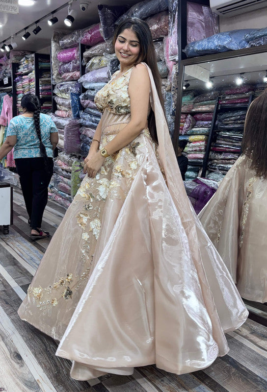 Barbie Style Golden Crop Top Skirt with Floral Appliqué Embroidery