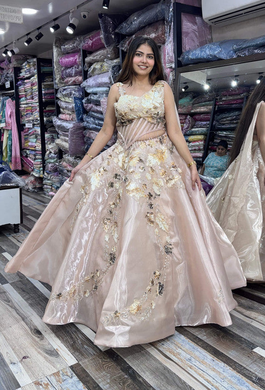 Barbie Style Golden Crop Top Skirt with Floral Appliqué Embroidery