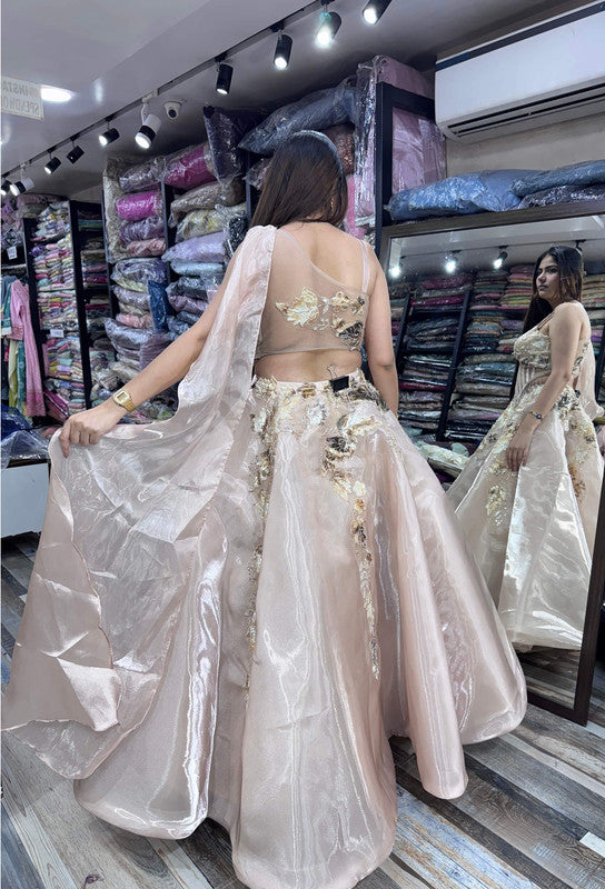 Barbie Style Golden Crop Top Skirt with Floral Appliqué Embroidery