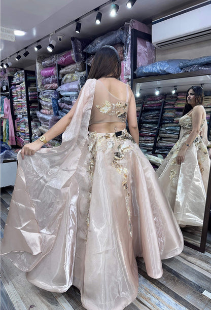 Barbie Style Golden Crop Top Skirt with Floral Appliqué Embroidery