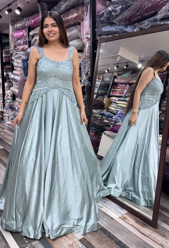 Spaghetti Style Hand Embellished Peplum Yoke Designer Gown