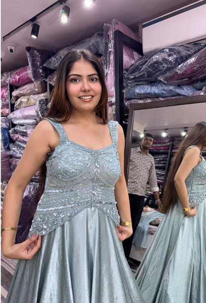 Spaghetti Style Hand Embellished Peplum Yoke Designer Gown