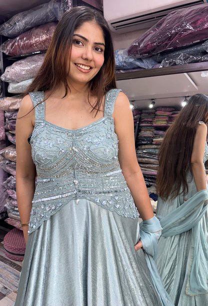 Spaghetti Style Hand Embellished Peplum Yoke Designer Gown