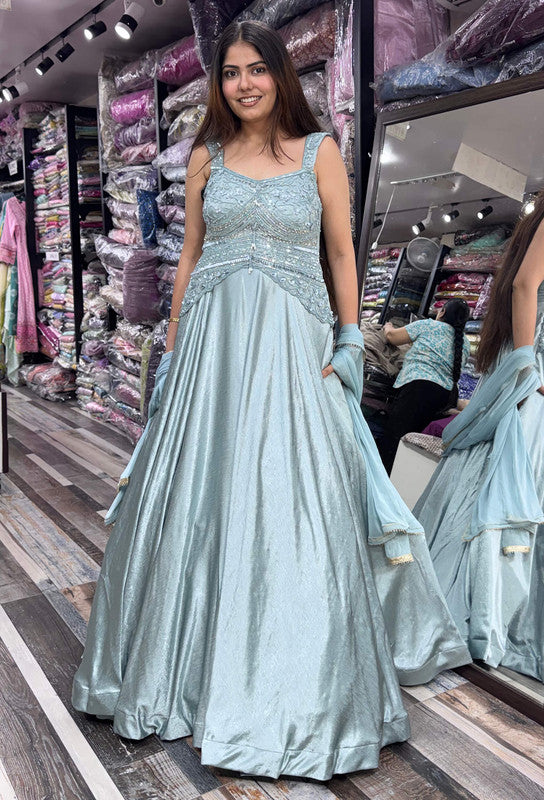 Spaghetti Style Hand Embellished Peplum Yoke Designer Gown