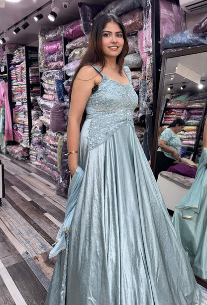 Spaghetti Style Hand Embellished Peplum Yoke Designer Gown