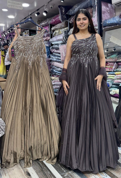 One Shoulder Hand Embellished Pleated Gown with Dupatta