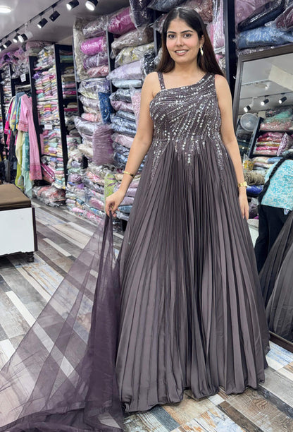 One Shoulder Hand Embellished Pleated Gown with Dupatta