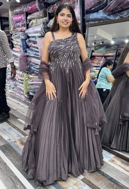 One Shoulder Hand Embellished Pleated Gown with Dupatta