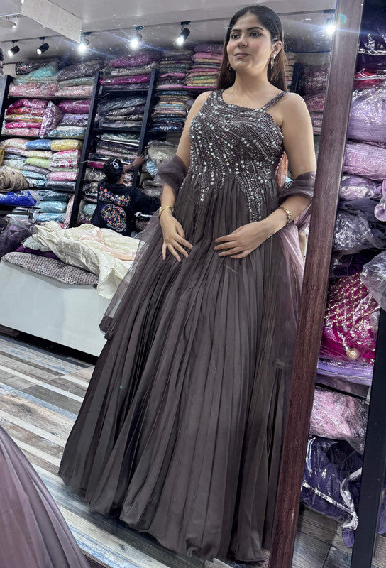One Shoulder Hand Embellished Pleated Gown with Dupatta