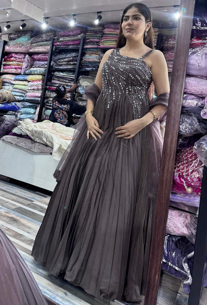 One Shoulder Hand Embellished Pleated Gown with Dupatta