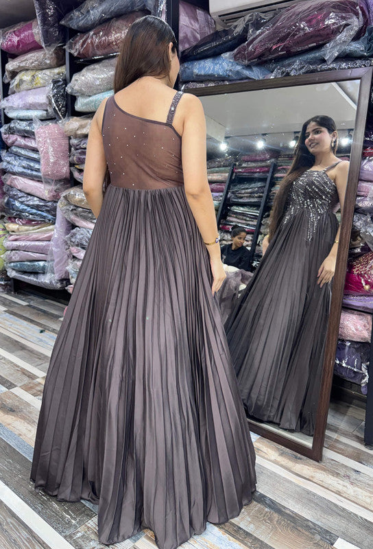 One Shoulder Hand Embellished Pleated Gown with Dupatta