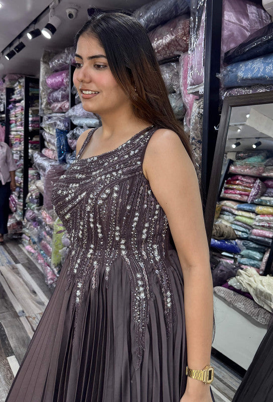 One Shoulder Hand Embellished Pleated Gown with Dupatta