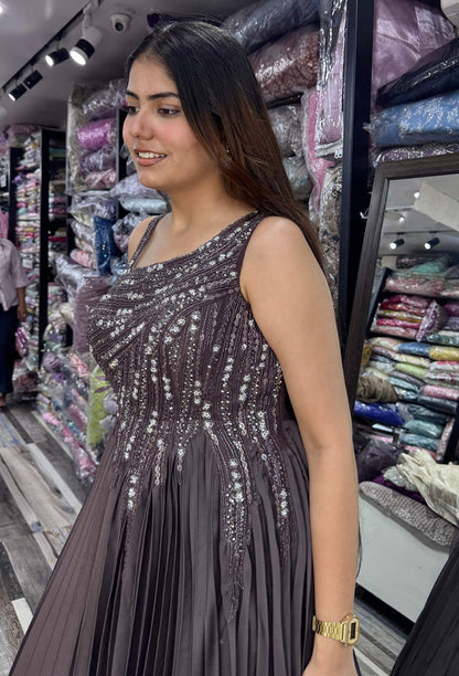 One Shoulder Hand Embellished Pleated Gown with Dupatta