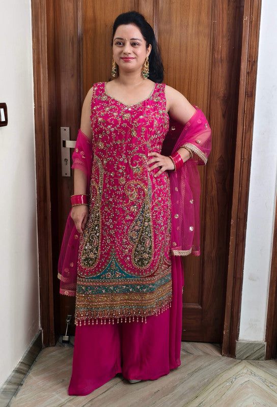 Elegant Embroidered Long Shirt Karachi Suit with Net Dupatta
