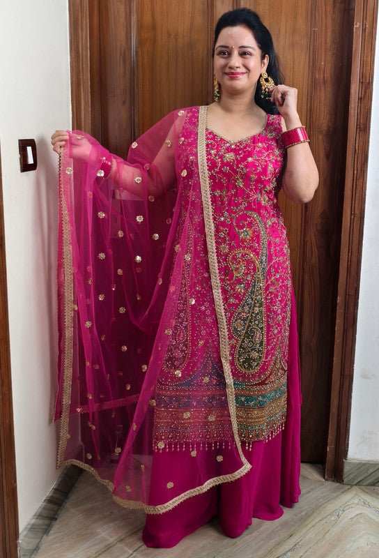Elegant Embroidered Long Shirt Karachi Suit with Net Dupatta
