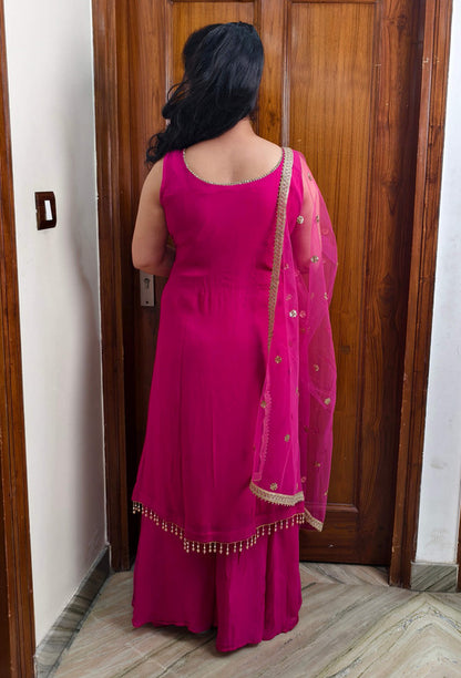 Elegant Embroidered Long Shirt Karachi Suit with Net Dupatta
