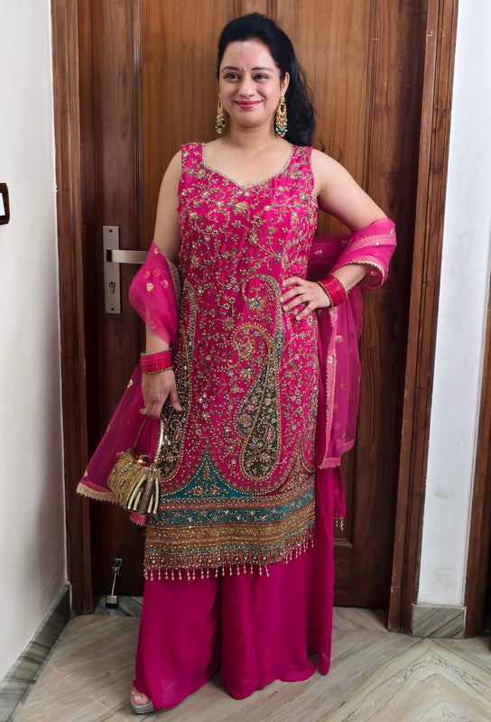 Elegant Embroidered Long Shirt Karachi Suit with Net Dupatta