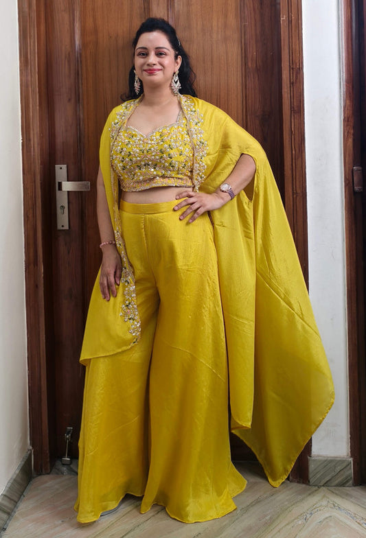 Hand Embroidered 3 Piece Indo-Western Dress with Embellished Blouse & Shrug