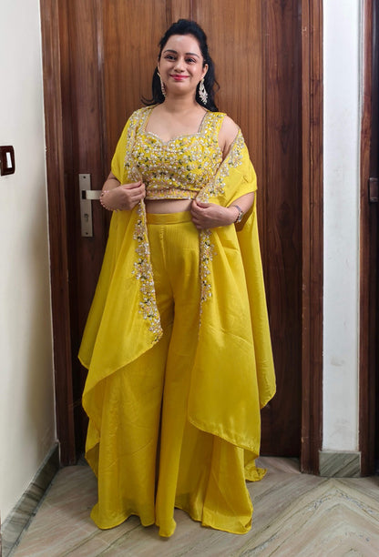 Hand Embroidered 3 Piece Indo-Western Dress with Embellished Blouse & Shrug