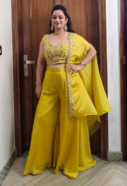 Hand Embroidered 3 Piece Indo-Western Dress with Embellished Blouse & Shrug