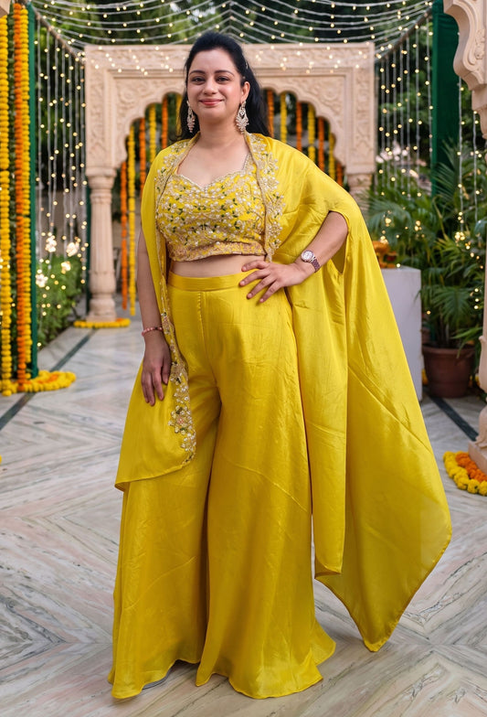 Hand Embroidered 3 Piece Indo-Western Dress with Embellished Blouse & Shrug