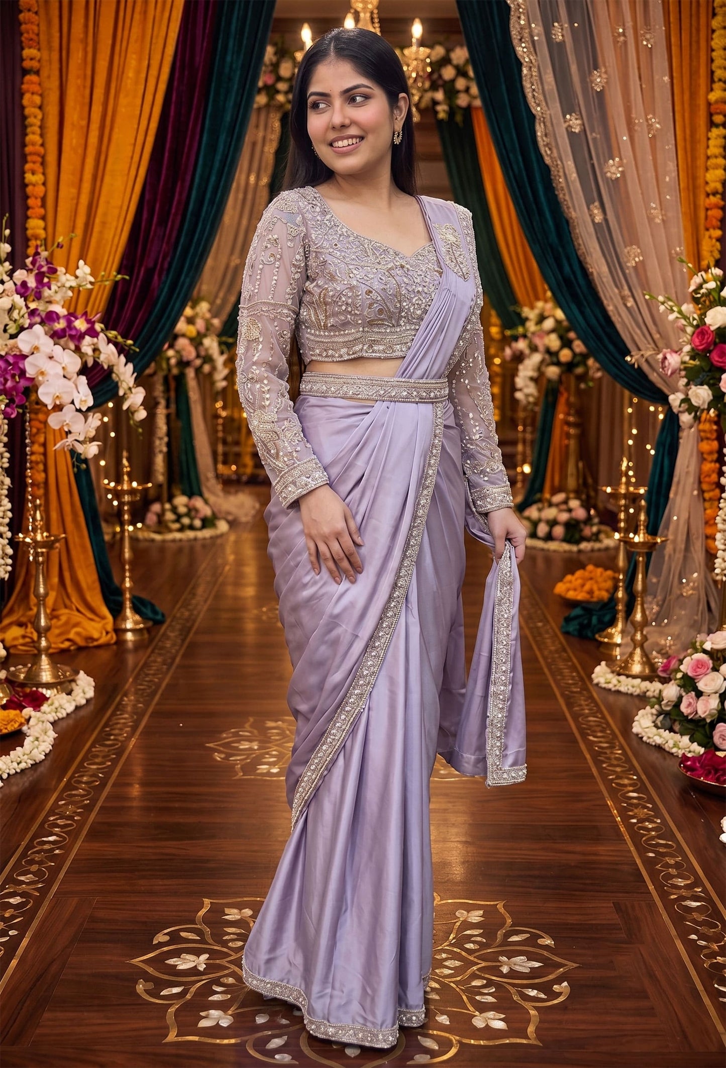 Full Sleeve Beaded Blouse with Boat Neck & Readymade Drape Saree