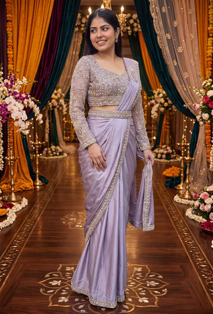 Full Sleeve Beaded Blouse with Boat Neck & Readymade Drape Saree