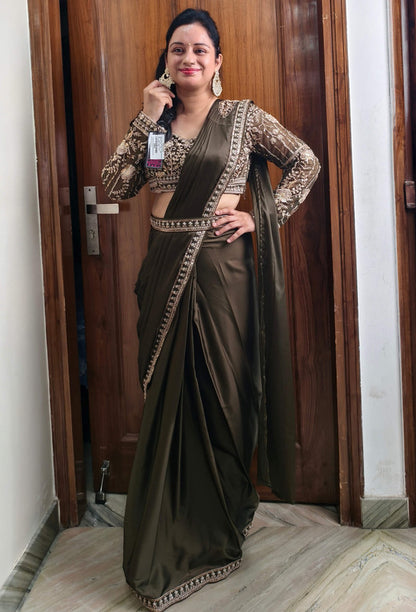 Full Sleeve Beaded Blouse with Boat Neck & Readymade Drape Saree