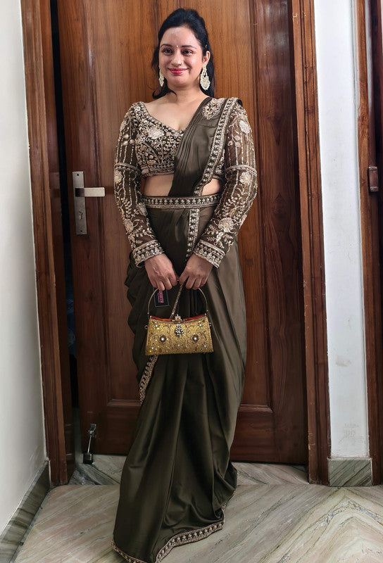 Full Sleeve Beaded Blouse with Boat Neck & Readymade Drape Saree