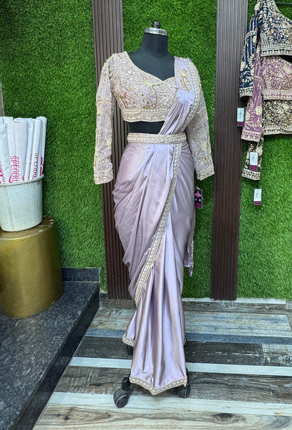Full Sleeve Beaded Blouse with Boat Neck & Readymade Drape Saree