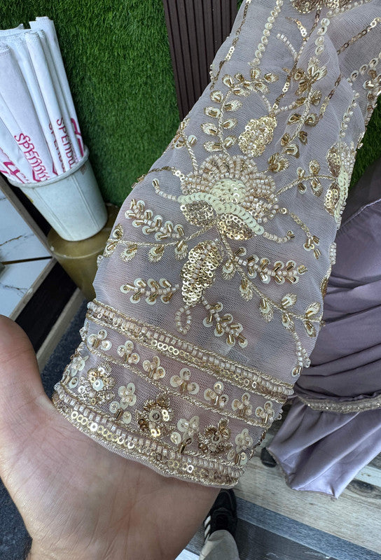 Full Sleeve Beaded Blouse with Boat Neck & Readymade Drape Saree