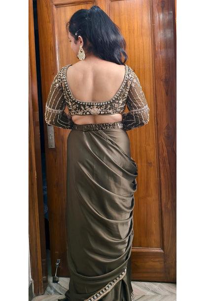 Full Sleeve Beaded Blouse with Boat Neck & Readymade Drape Saree