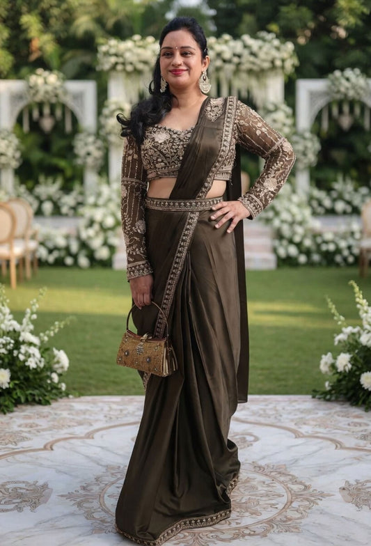Full Sleeve Beaded Blouse with Boat Neck & Readymade Drape Saree