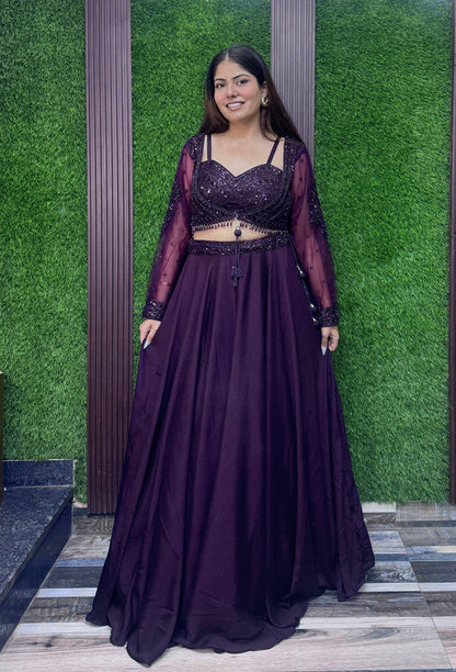 Spaghetti Style Embellished Blouse with Flared Lehenga & Full Sleeve Jacket